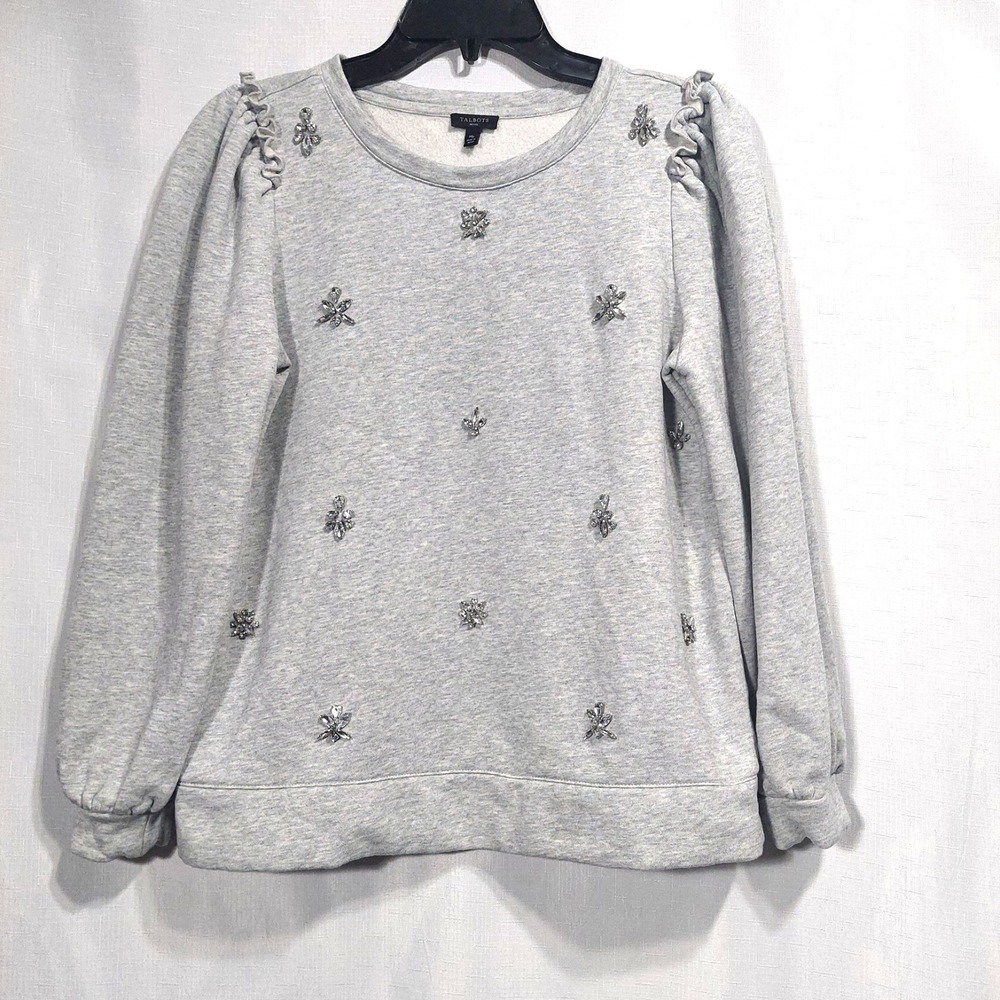 Talbots Sweatshirt Womens M Pet Gray Long Sleeves Beaded Emblished Ruffle Cotton